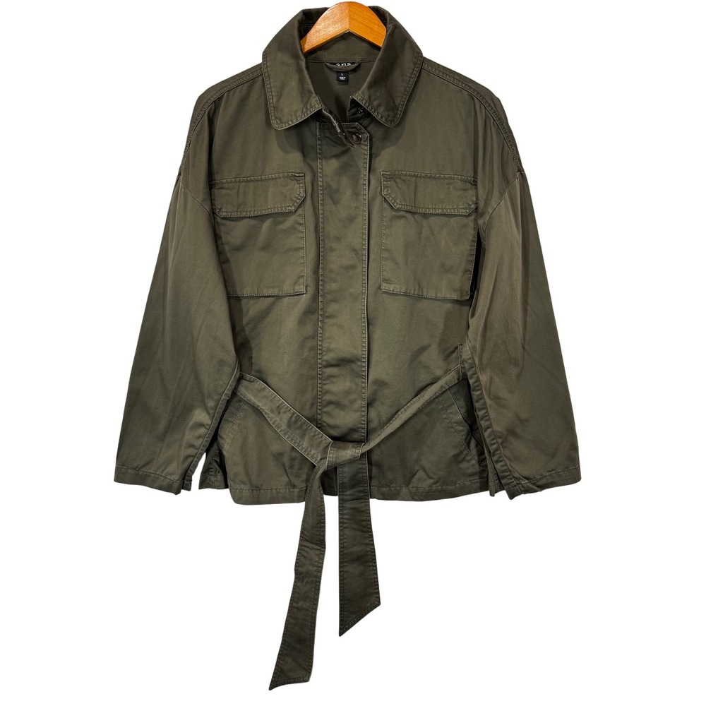 a.n.a Utility Jacket Women L Green Belted Field Coat Cotton Military Safari